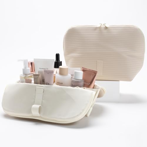 THE VERTI-Vertical Waterproof Makeup & Toiletry Bag | 23-Pocket Organizer with Upright, Fold-Down Design for Skincare, Toiletries & Essentials (Shell)