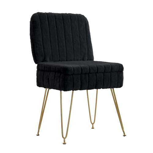 Black Vanity Chair with Storage & Foldable Back - Comfy Ottoman