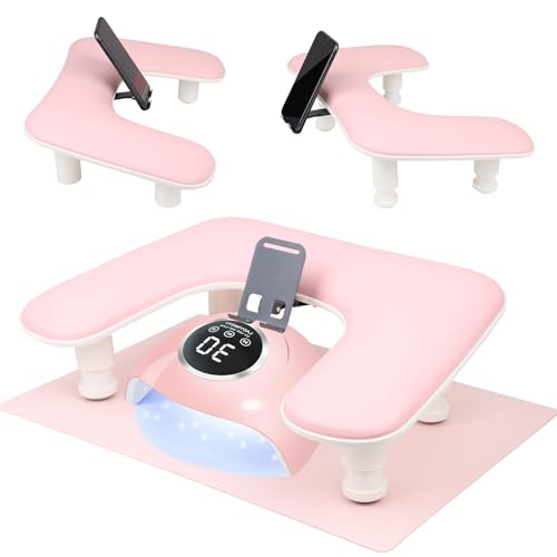 Rolomanve 3rd Gen U-Shaped Nail Arm Rest with Rotating Phone Holder, Pink (With Mat) — Adjustable, Non-Slip Manicure Support