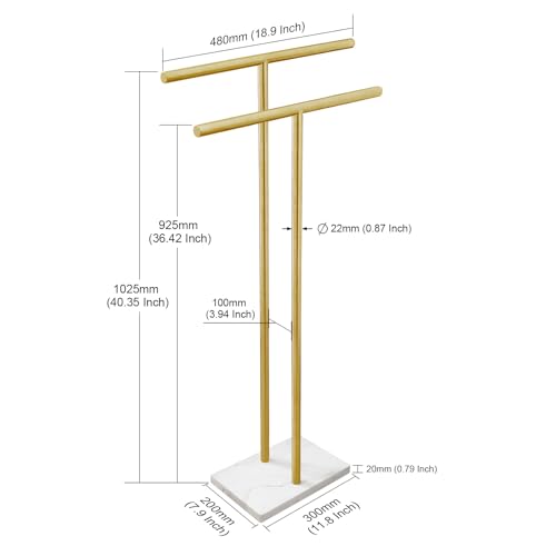 40 Inch Standing Towel Rack with Marble Base - Brushed Gold Finish