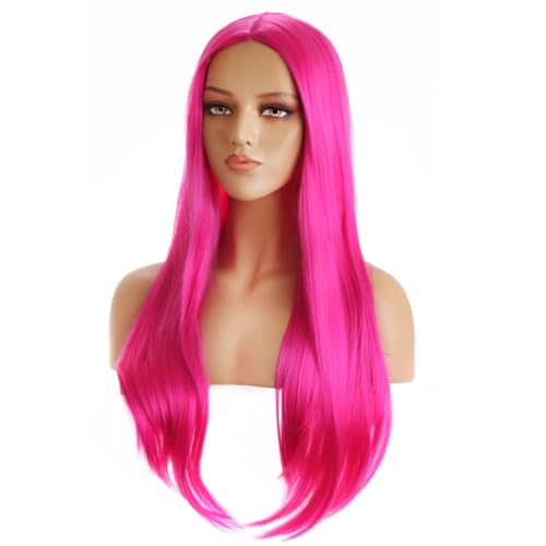 Pink Long Straight Synthetic Wig for Women - 28 Inch Middle Part Cosplay & Daily Wear with Adjustable Cap