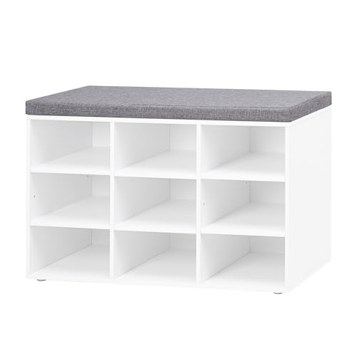 White Shoe Storage Bench with Cushion, 31.5-Inch Cubby Shoe Rack, 9 Cubbies - DINZI LVJ