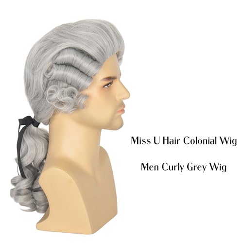 Silver Grey Colonial Wigs for Men Long Curly Cosplay Halloween Costume