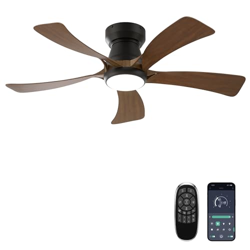 Brown 52 Inch Flush Mount Ceiling Fan with Lights, APP & Remote Control