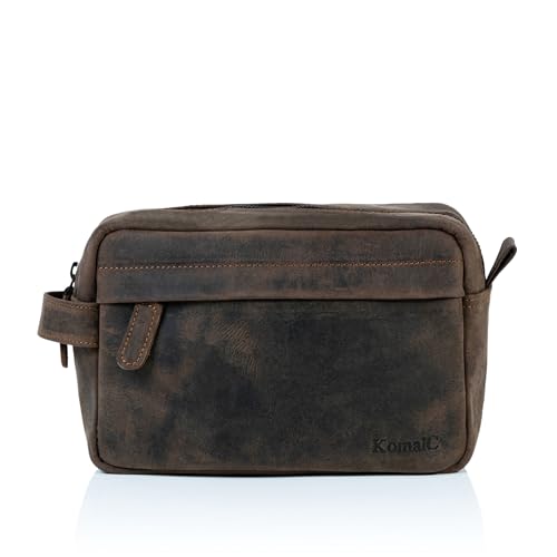 KomalC Genuine Buffalo Leather Unisex Toiletry Bag Travel Dopp Kit Vanity Bag Grooming Bag