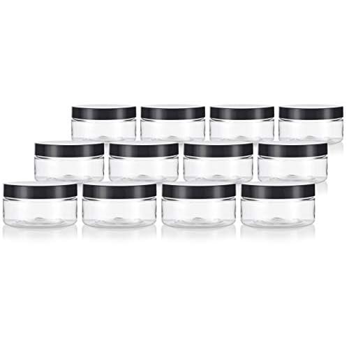 JUVITUS 8 oz Clear Plastic Low Profile Jar with Black Smooth Lids (12 Pack)