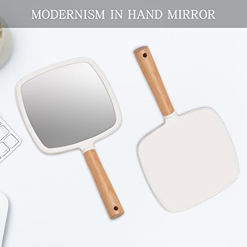 Small Square Wooden Handle Hand Held Mirror for Makeup & Shaving - Pack of 3 - White + Variation 9.8x5.5 Inches