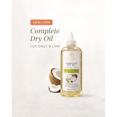 fleur de spa Complete Dry Oil ? Coconut & Lime | Lightweight, Fast-Absorbing Body & Hair Oil | Non-Greasy Botanical Hydration with Sunflower, Jojoba & Vitamin E | 8 fl oz