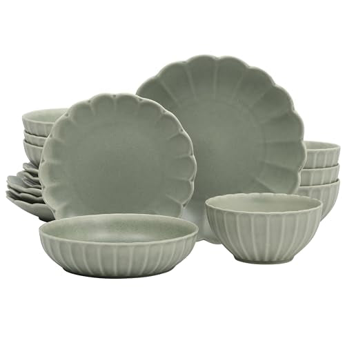 Malibu Shore Green 16-Piece Dinnerware Set Service for 4 Scalloped Stoneware
