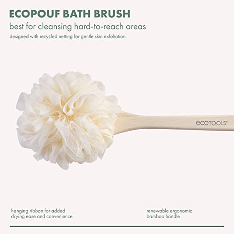 EcoTools EcoPouf Bath Brush, Loofah Brush For Bath & Shower, Made With Long Handle & Recycled, Soft Netting For Gentle Exfoliation, Back Brush For Men & Women, Eco-Friendly & Cruelty-Free, 2 Count