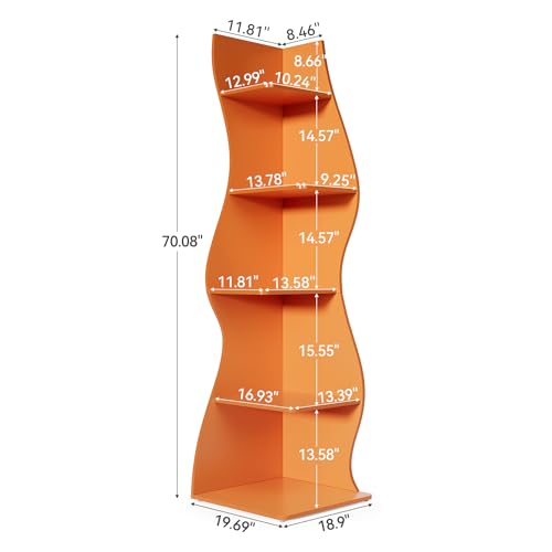 LITTLE TREE Small Corner Shelf - 5-Tier Wall Wavy Bookshelf in Orange, Space-Saving Modern Design