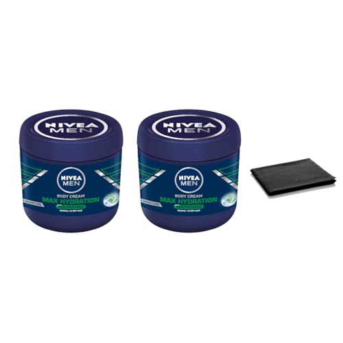 NIVEA Men Max Hydration Body Cream 13.5 oz ? 3-in-1 Moisturizer for Body, Face & Hands ? Long-Lasting Hydration for Normal Skin ? Fast-Absorbing, Non-Greasy Lotion, Pack of 2, Includes Cleaning Cloth