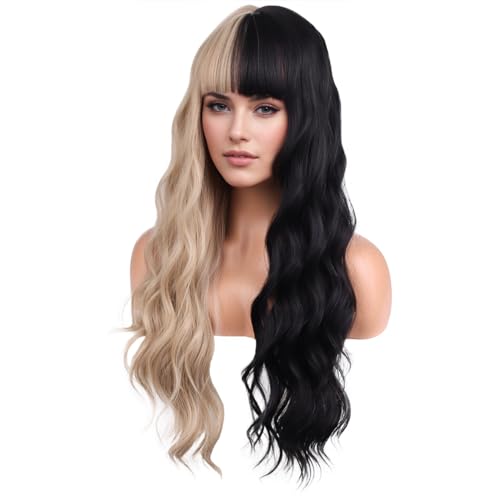 Half Black and Blonde Long Wavy Curly Wig for Women with Bangs - Synthetic Hair, Adjustable Cap