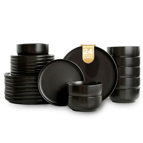 Ceramic Dinnerware Set 24 Pieces - Black Stoneware Plates & Bowls, Dishwasher & Microwave Safe