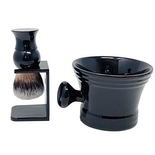 G.B.S GENTS Wet Shaving Kit - 4-Piece Set in Black Ceramic Bowl, Synthetic Brush, Stand & Shea Soap