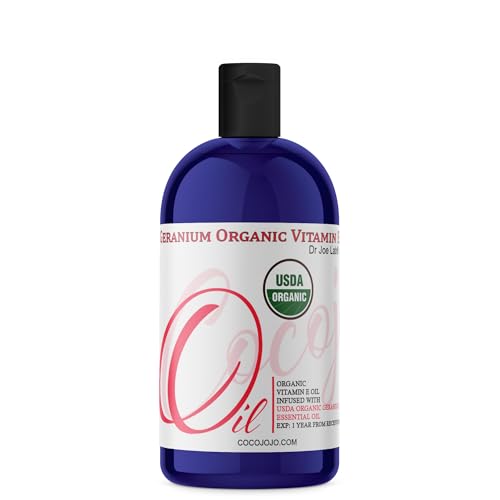 Dr Joe Lab Organic Vitamin E and Geranium Essential Oil Infused Blend - Natural Non-GMO Vegan Multi-Use for Skin Hair Face Body Moisture Antioxidant Daily Use (16 oz)