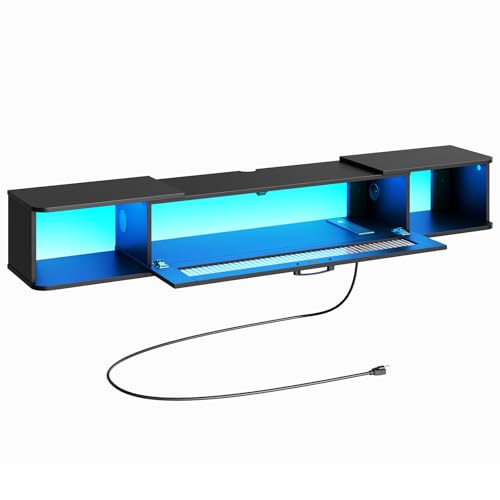 55.1 Inch Floating TV Shelf with LED Light & Power Outlets, Wall Mounted Entertainment Center, Black