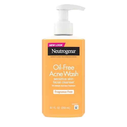Neutrogena Oil-Free Acne Face Wash, Fragrance Free, Sensitive Skin Facial Cleanser with 2% Salicylic Acid Acne Treatment for Face, 9.1 Fl Oz