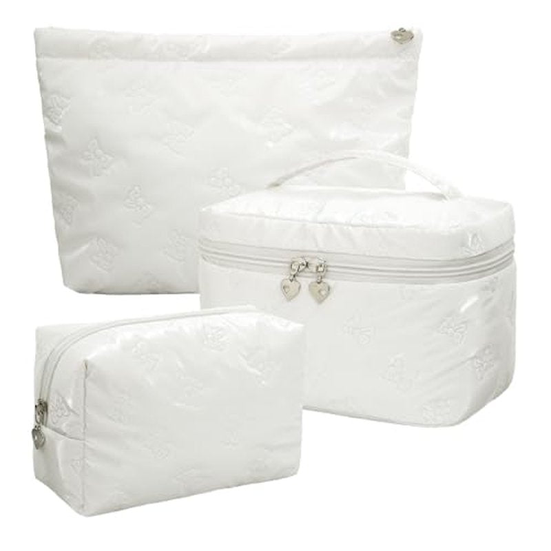 Large Cosmetic Bags Travel Makeup Bag with Mesh Pocket Portable Cute Toiletry Bag Aesthetic Make Up Organizer with Handle for Women (03 White 3PCS)