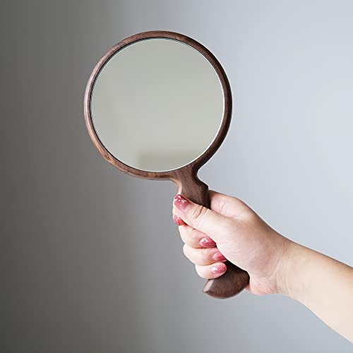 Round Walnut Hand Mirror - 5.5 Inch Diameter, Handheld Travel Vanity Mirror for Men & Women