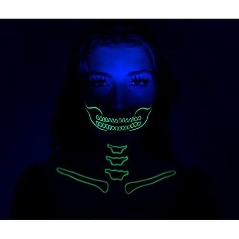 2 x Neon Skull Face Pink Temporary Tattoo, Halloween Costume for Women and Men, Adult, Glow in the Dark