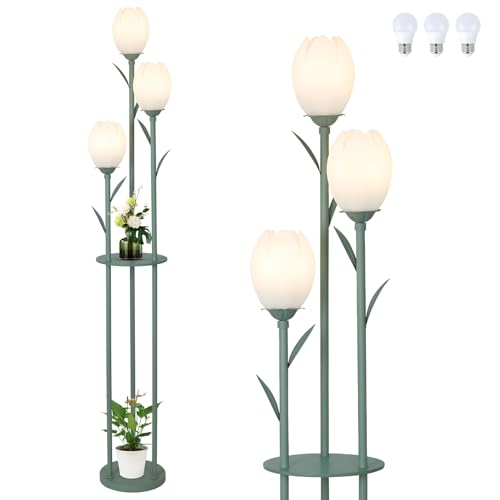 Green 3-Light Flower Floor Lamp with Shelves - Tulip Standing Lamp for Living Room & Bedroom