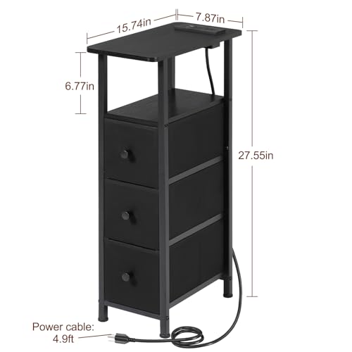 Narrow End Table with Charging Station & LED Light - Black, Set of 2