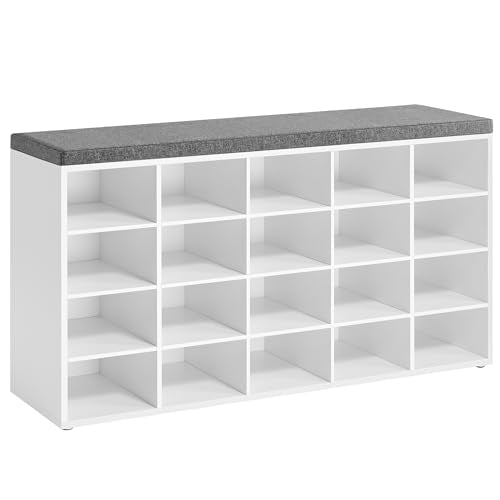 VASAGLE Shoe Storage Bench with Cushion, 20 Cubbies, White & Gray, 47.2 x 12 x 24.7 Inches