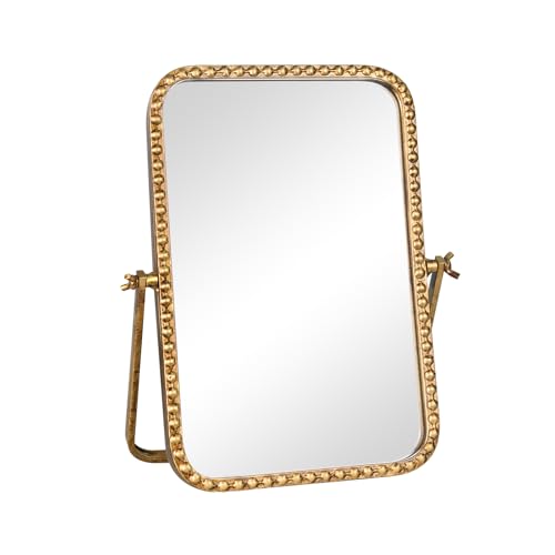 Small Vintage Rectangular Desk Mirror with Beaded Frame - Antique Gold, 12 x 7.9 inches