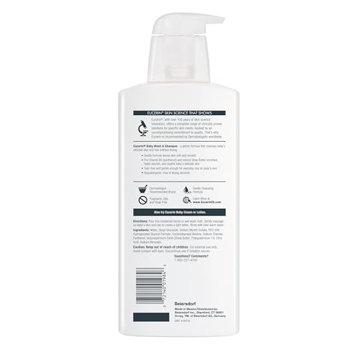 Eucerin Baby Unscented Baby Shampoo and Body Wash, Hypoallergenic, Tear Free Shampoo and Wash with Pro-Vitamin B5 and Shea Butter, 13.5 Fl Oz Bottle 3 pack