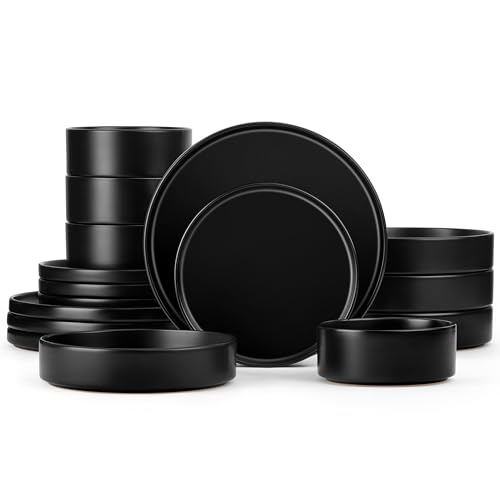 Herogo Matte Black 16-Piece Dinnerware Set for 4 - Includes 4 Dinner Plates, 4 Salad Plates, 4 Pasta Bowls & 4 Cereal Bowls