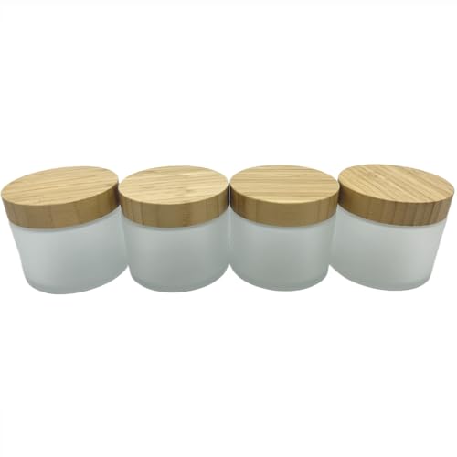Empty Refillable Frosted Glass Cosmetic Cream Jar 4 Pack 6.7 OZ/200g with Bamboo Lids,Skin Care Travel Containers Pot for Clay Masks,Butter,Body Scrub,Lip Balm, Ointments, Lotion Frost