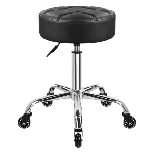 Black Nine-Grid Salon Stool with Wheels - Adjustable Height Swivel Chair with Thick Cushion