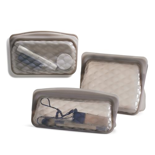 Stasher Silicone Reusable Makeup Bags, 3-Pack, Travel Essentials, Makeup Bag Organizer, Dishwasher & Heat Safe, TSA Friendly Toiletry Bags, Waterproof Bag, BPA Free, Leak-free, Eco Friendly, Taupe