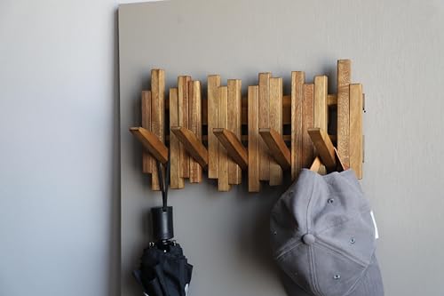 GOGREEBELL Natural Acacia Wood Wall Mounted Coat Rack with 5 Hooks