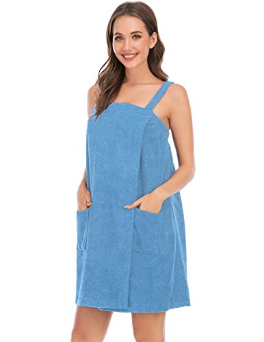 XX-Large Women Bath Wrap Towel with Pocket & Adjustable Spa Robe - Light Blue