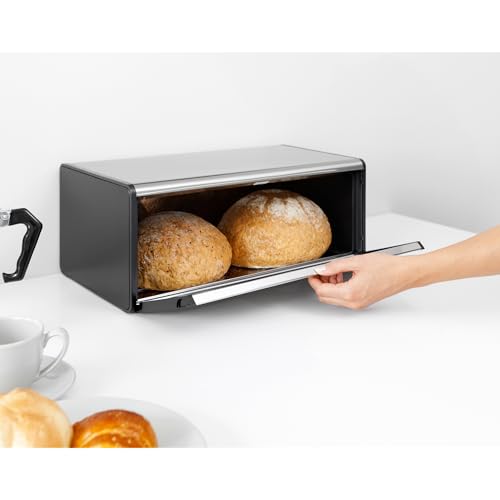 Brabantia Matte Steel Rectangular Fall Front Bread Box for Kitchen Countertop, Holds 2 Loaves