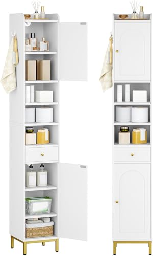 White Tall Bathroom Cabinet with Adjustable Shelves & Drawer - 11"D x 11"W x 70.9"H