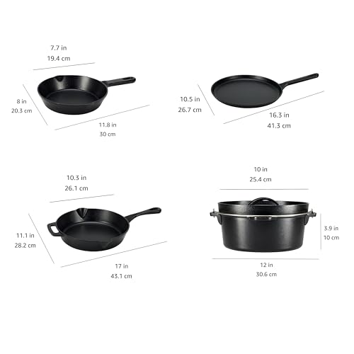 Pre-Seasoned Cast Iron Cookware Set - 5 Pieces, Oven Safe, Even Heating