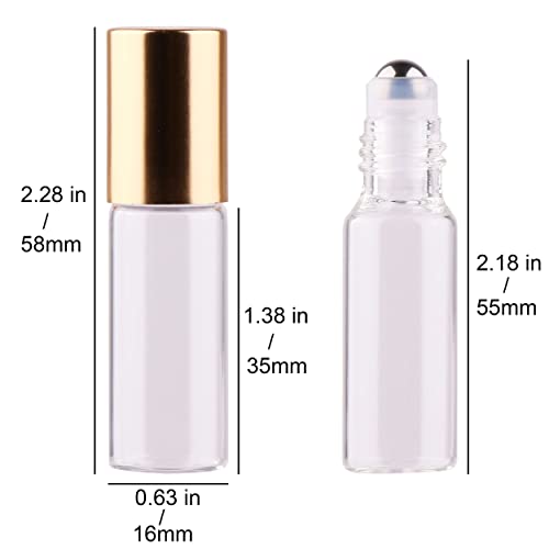 MaxMau 100 Pack 5ml Clear Glass Essential Oil Roller Bottles with Stainless Steel Balls & Gold Lids - Travel & Sample Size