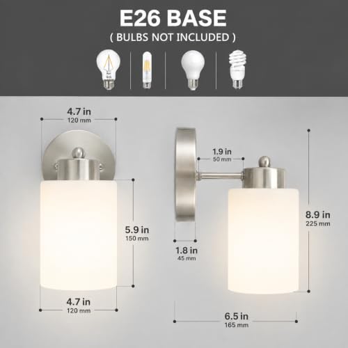 Frosted Wall Sconce Set of Two - Brushed Nickel Bathroom Vanity Lights, Modern & Farmhouse Style