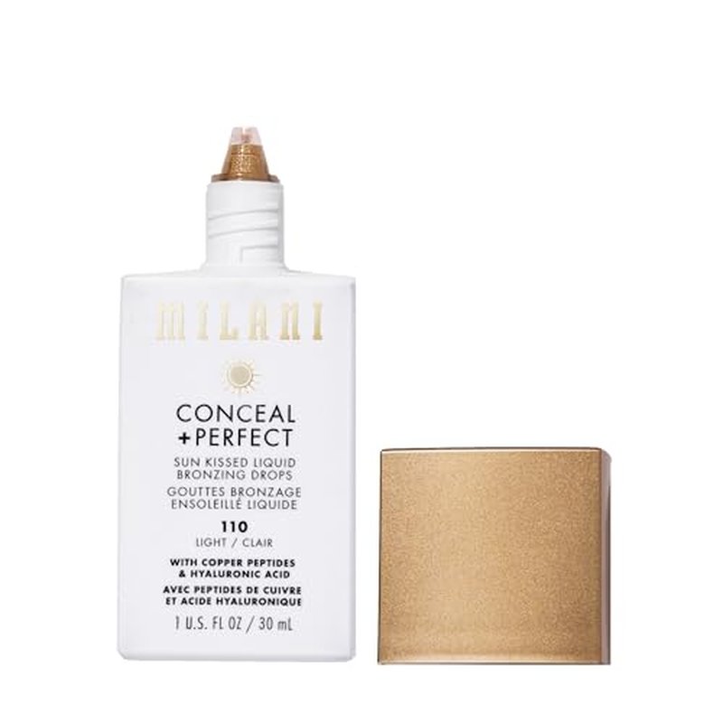 Milani Bronzer- Sun Kiss Bronzing Drops, Conceal + Perfect Liquid Bronzer for Sheer, Weightless Coverage & Hydration enriched with Peptides & Tripeptides - Light
