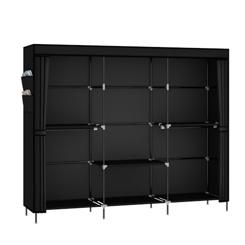 83-Inch Portable Wardrobe Closet with Dust Cover, 5 Hanging Rods & 6 Shelves, Black
