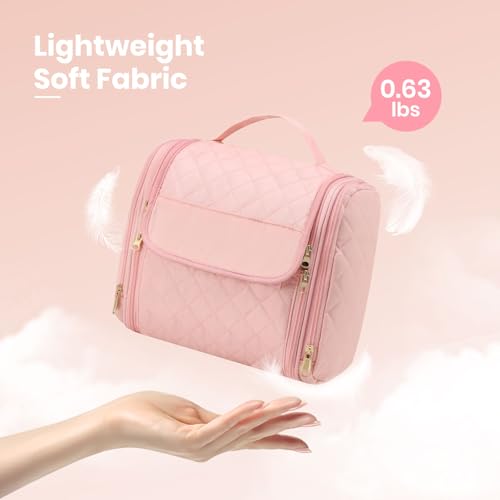 Women Makeup Bag with Hanging Hook, Large Portable Capacity Travel Hanging Toiletry Bag Organizer Case for Toiletries and Cosmetics, Pink