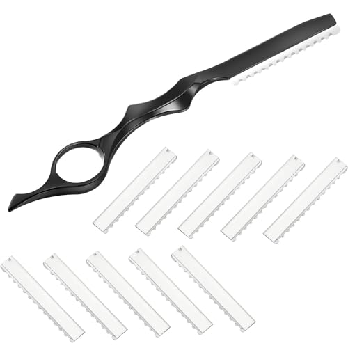 Mudder Hair Styling Razor Comb - 11 Pieces Hair Thinning Comb with Replacement Stainless Steel Razors for Salon Home Use (Black, Metal)