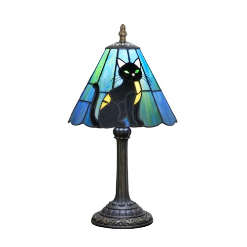 8-Inch Black Cat Tiffany Table Lamp - Stained Glass Bedside Lamp for Bedroom Living Room