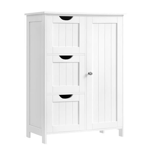 VASAGLE Bathroom Floor Storage Cabinet with 3 Drawers - White, 23.6W x 11.8D x 31.5H, Includes 1 Door