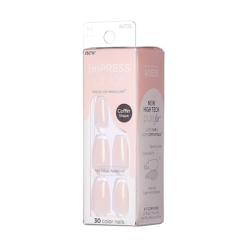 KISS imPRESS No Glue Mani Press On Nails, 'Serendipity', Pink, Medium Size, Coffin Shape, Includes 30 Nails, Prep Pad, Instructions Sheet, 1 Manicure Stick, 1 Mini File