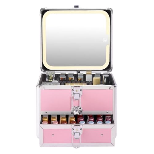 Leeora&Leekoo Pink Makeup Box with Lighted Mirror & Adjustable Dividers Travel Case