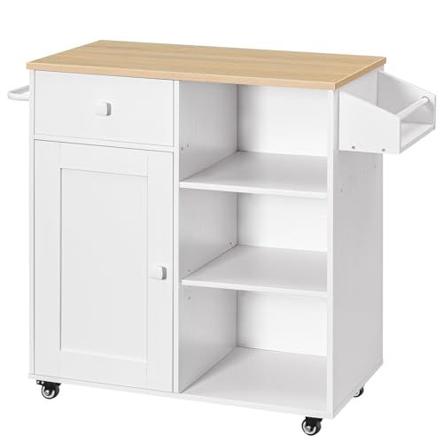 White & Natural Kitchen Island with Storage Drawer & Spice Rack - Mobile Kitchen Cart with Lockable Wheels